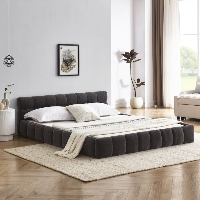 Queen Size Upholstered Bed with Soft Chenille Fabric, Grounded Platform Design, Sturdy MDF Frame, Headboard