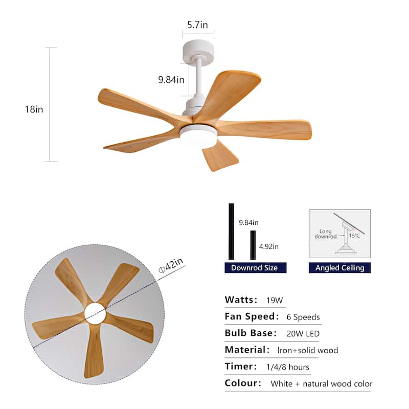 42 Inch Modern Ceiling Fans With Lights and Remote Control, 5 Solide Wood Blades, Reversible DC Motor