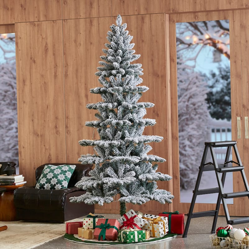 Glitzhome 6FT/7.5FT/9FT/11FT Snow Flocked Pre-lit Artificial Fir Christmas Trees - 7.5FT Slim Spruce