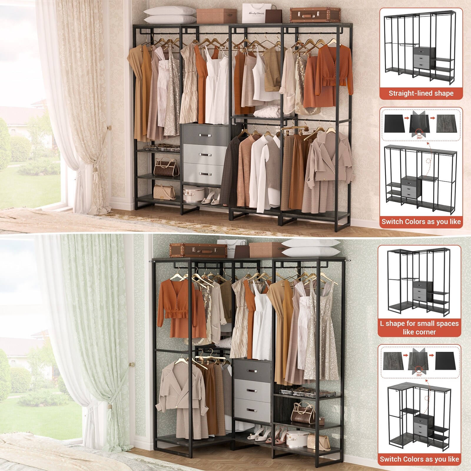 G907524 クローゼット Rackcog 74-148'' W Closet System with 3 Wood Drawers and 11-Tier