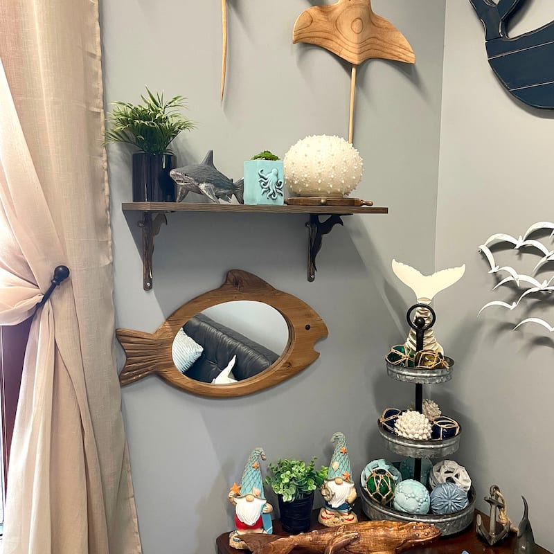 Rustic Wood Fish Shaped Wall Mirror Coastal Beach Nautical Bathroom - 13.75 X 23.75 X 1.25 inches