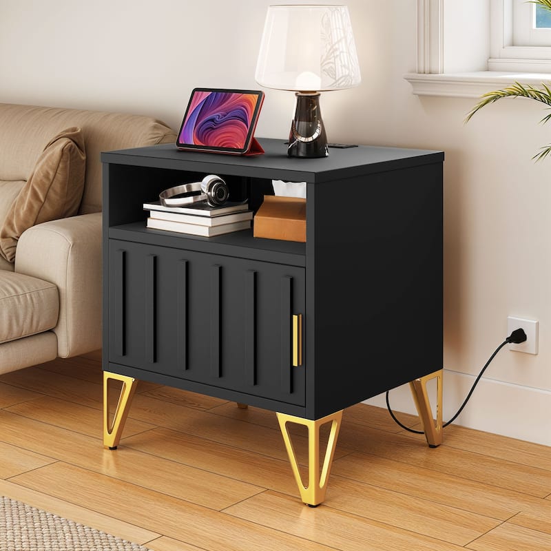 Moasis Set of 2 Black Nightstand with Embedded USB & AC Charging Station - Black