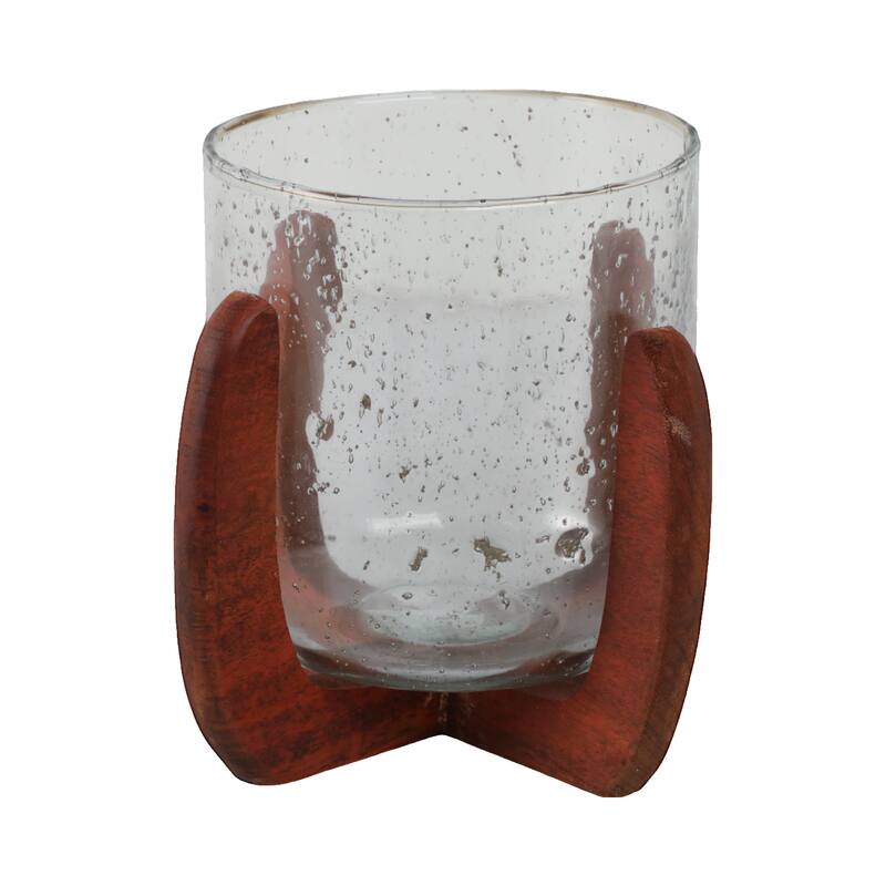 Glass Votive Candle Holder Wood Base - Brown/Clear, 7 in.