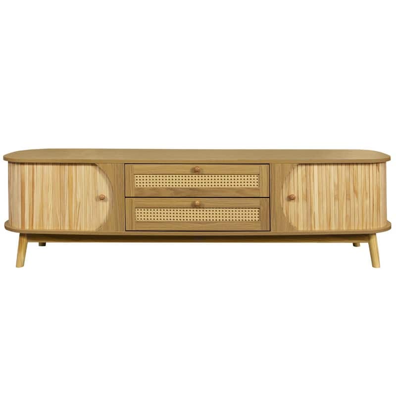 75-inch Rattan TV Stand - Modern Farmhouse Media Console with Solid Wood Legs