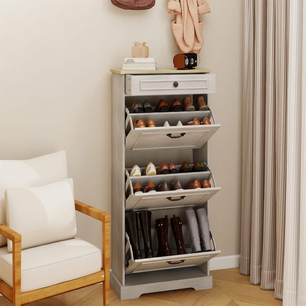 Slim Shoe Storage Cabinet with 1 Drawer & 3 Flip-Down Drawers