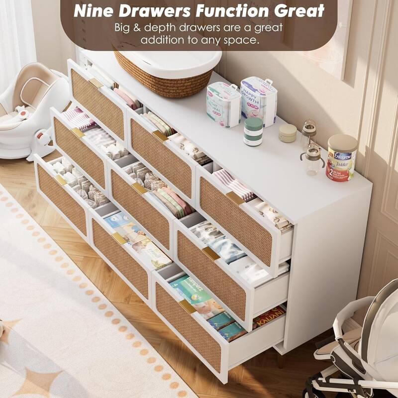 Rattan 9 Drawer Dressers TV Stand for Bedroom Living Room