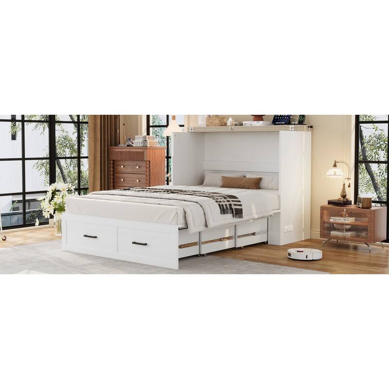 White Full Size Murphy Cabinet Bed with Storage Drawers and Built-In Charging Station