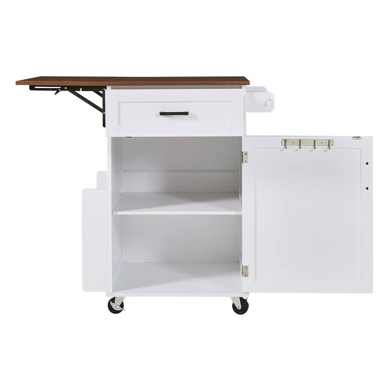 39.3" Kitchen Island with Drop Leaf, Kitchen Storage Island with Open Side Rack, One Drawer, Towel Rack, with Lockable Wheels