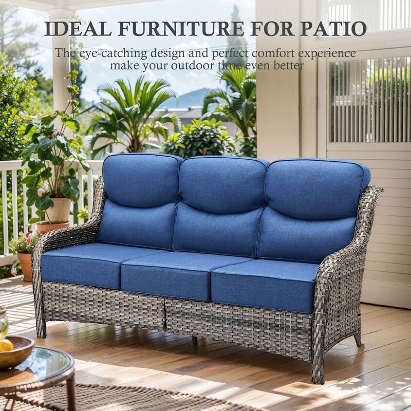 Arcadia 3-Seat Wicker Patio Sofa with 6-Inch Thick Cushions and 2 Ottomans