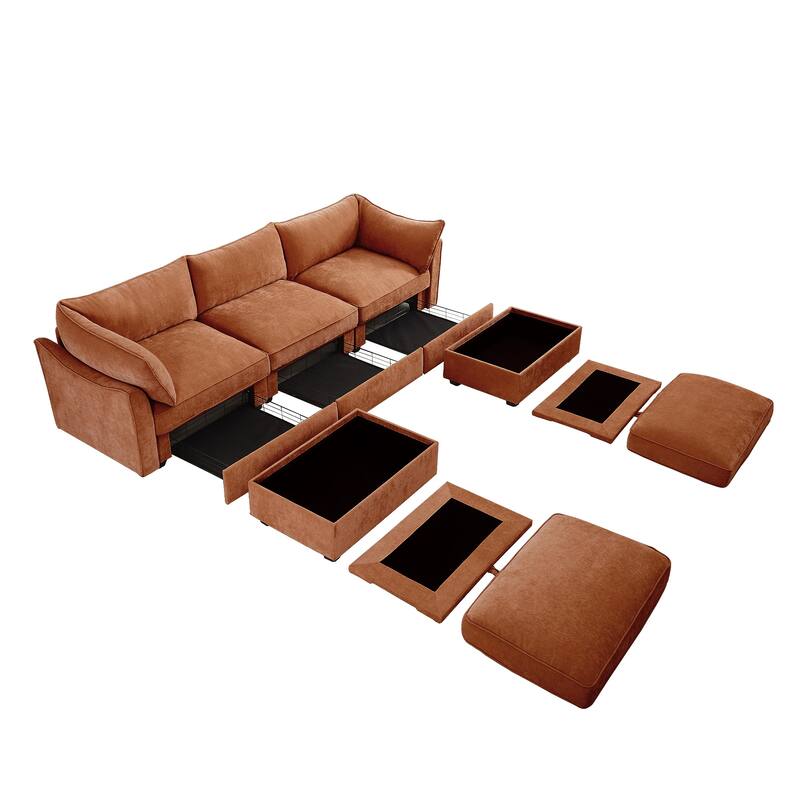GDFStudio - Chenille U-Shaped 3-Seater 112.6" Modular Sofa with 2 Ottomans