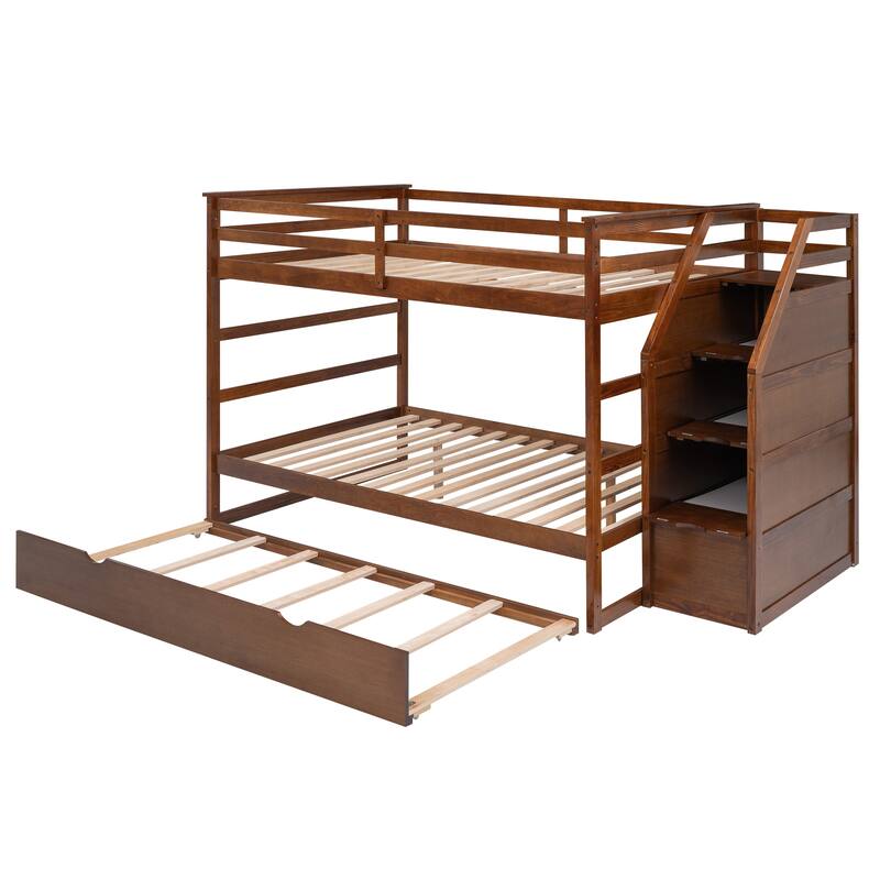 Bunk Bed with Trundle with Safety Guardrail and 3 Storage Stairs, Triple Bunk Multifunctional Space-Saving Solution for Bedroom