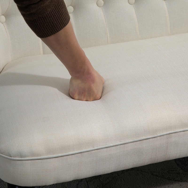 Cream White Linen Upholstered Loveseat Sofa with Curved Backrest and Button Tufted Design - 47.25" W x 26.5" D x 30.75" H