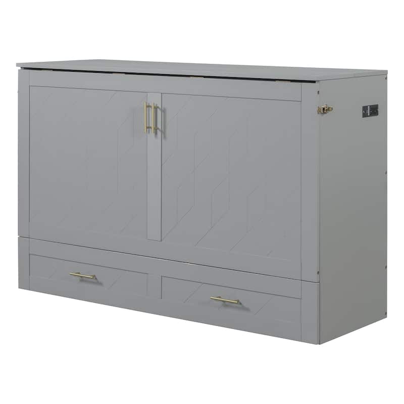 Queen Size Murphy Bed with Pulley System, Storage Drawer, USB Ports, and Sockets, Space-Saving