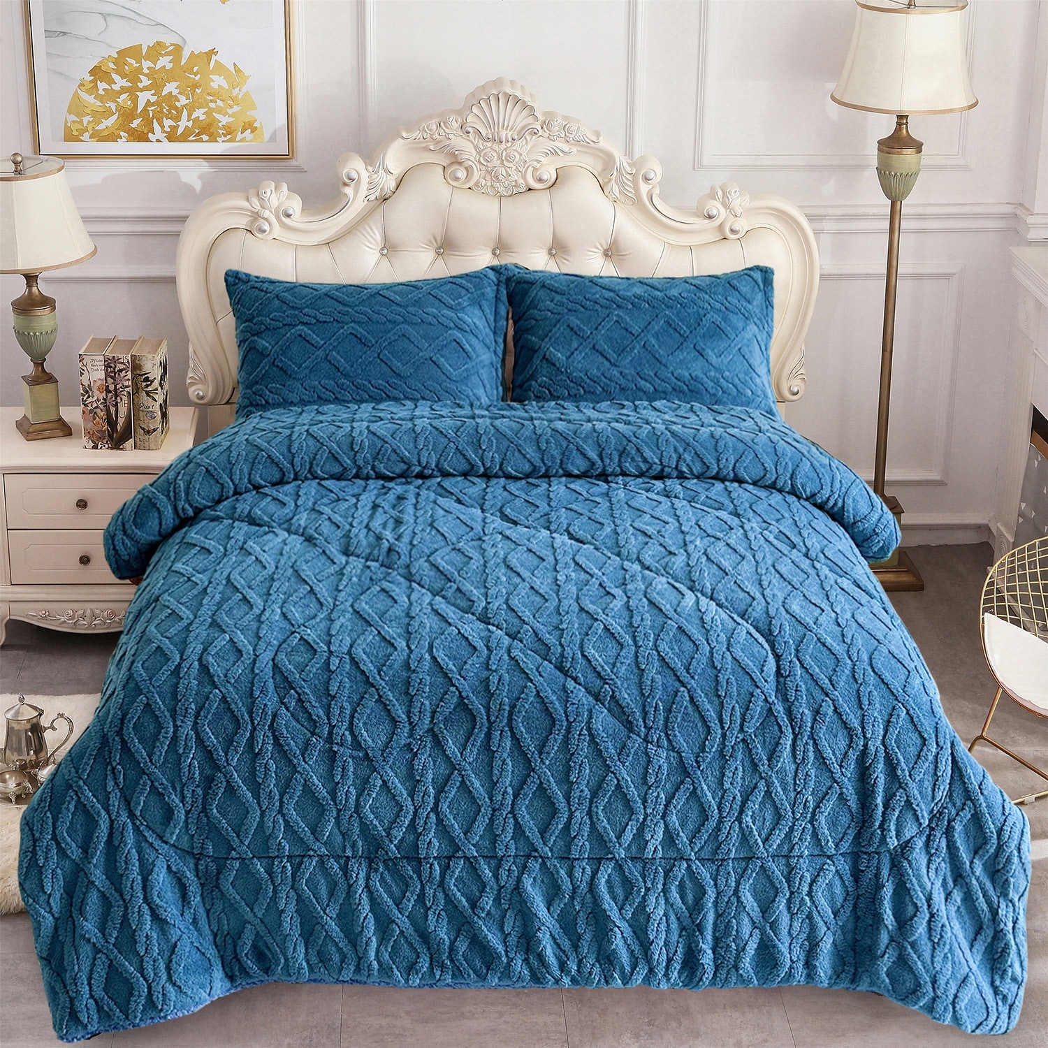 3 Pieces Sherpa Fleece Comforter Set Fluffy Comforter Bedding Set with 2 Pillowcases Blue King