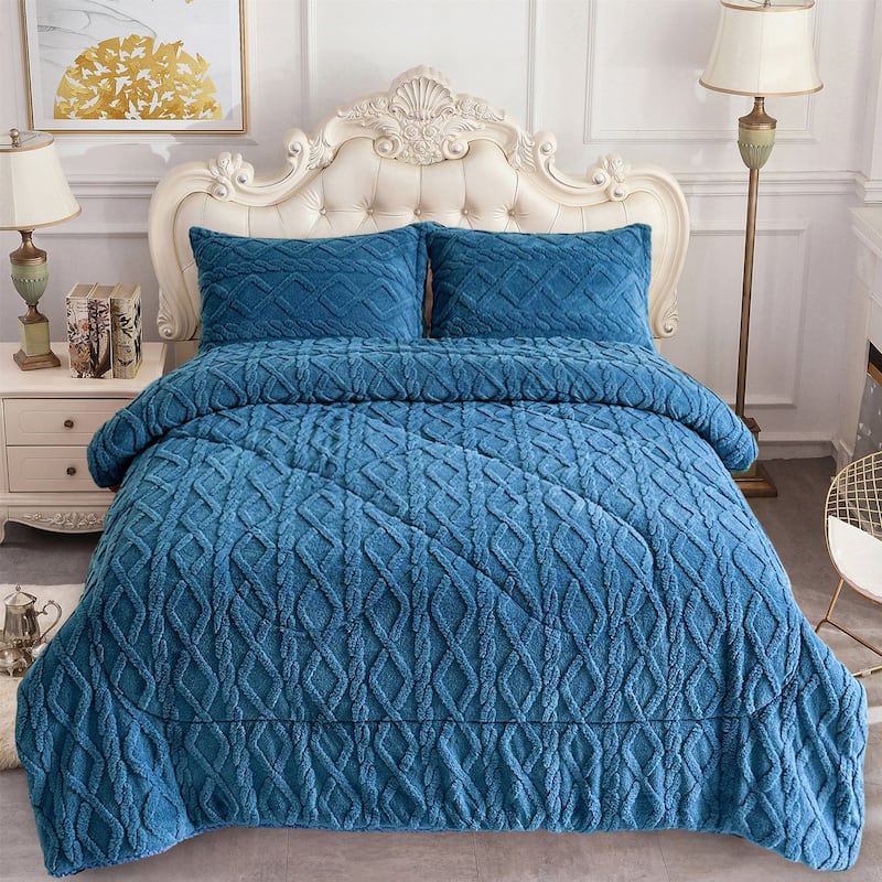 3 Pieces Sherpa Fleece Comforter Set Fluffy Comforter Bedding Set with