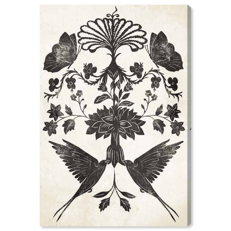 Wynwood Studio Canvas Animals Dark Floral Ornamental Black and Cream White Traditional Wall Art Canvas Print