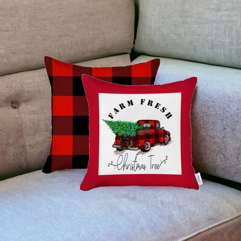 HomeRoots Set of 2 Red Plaid and Red Truck Throw Pillow Covers