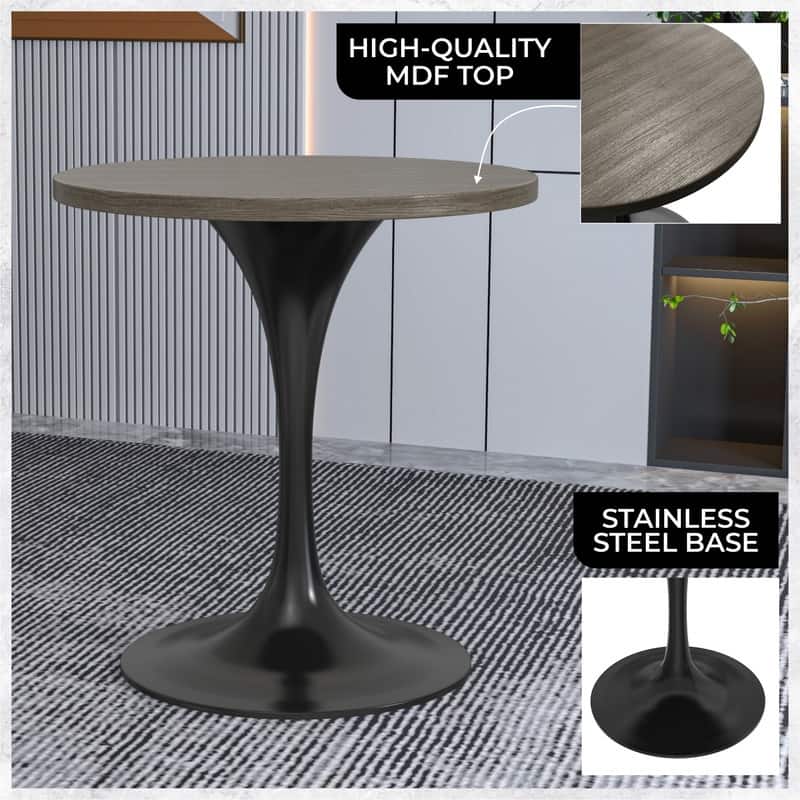 LeisureMod Verve 27" Round Dining Table with MDF Wood TableTop and Black Steel Base for Kitchen & Dining Room - 27.56"