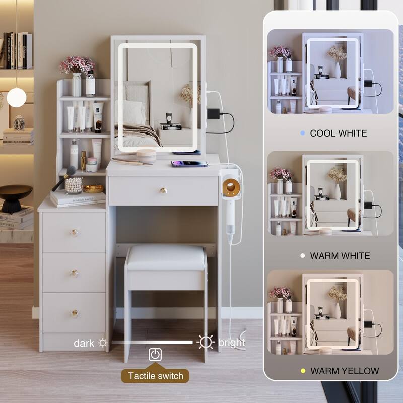 Compact Makeup Vanity with Power Outlets, Type-C Charging, Touch Mirror & Stool, 29.2" Dresser for Small Space