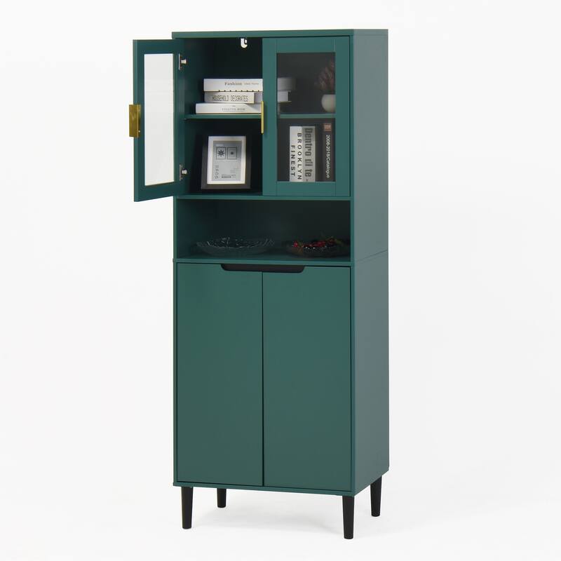 Tall Kitchen Pantry Cabinet with Glass Doors & Gold Handles, 63" Storage for Bathroom & Dining Rooms