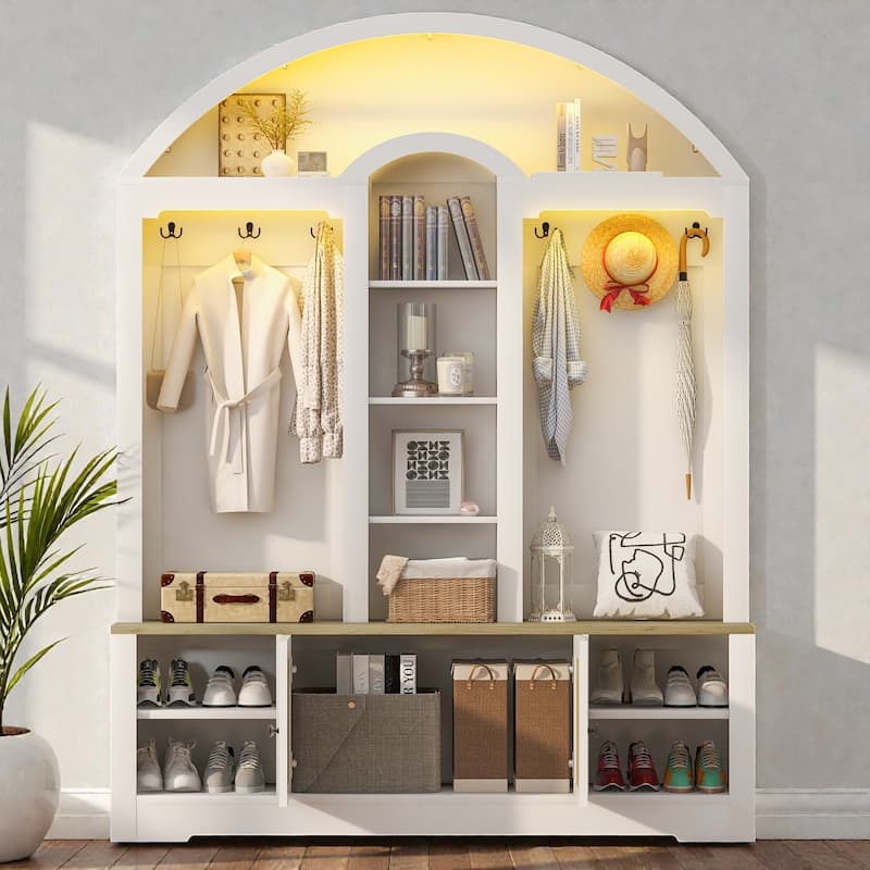 Modern Hall Tree Entryway Wardrobe with Shoe Storage. Coat Hooks. Shelves. Cabinets. USB LED Light - White