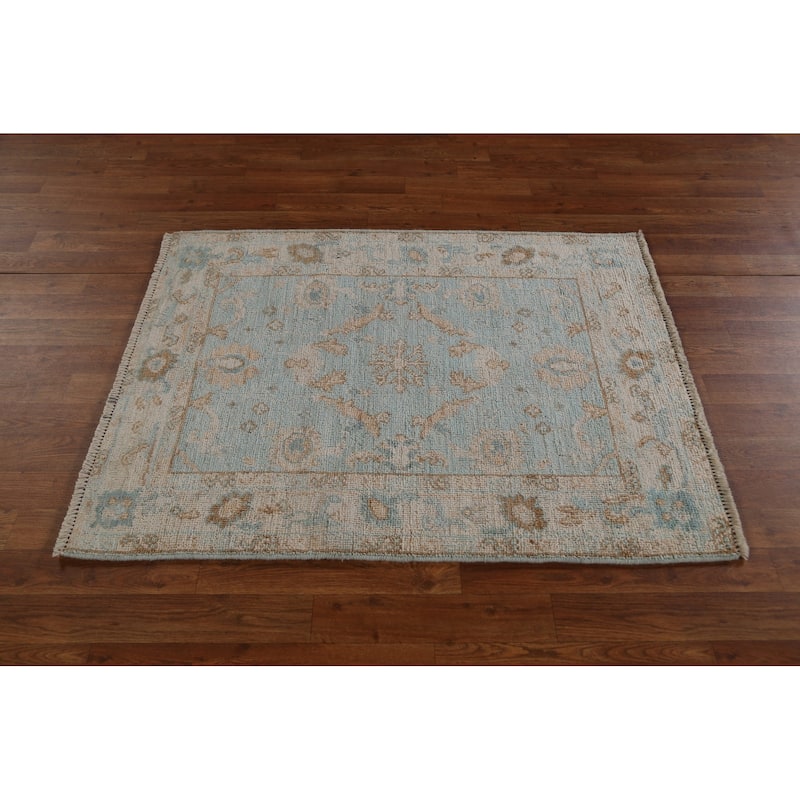 Geometric Oushak Turkish Oriental Wool Rug Hand-knotted Bedroom Carpet - 3'0" x 3'10"
