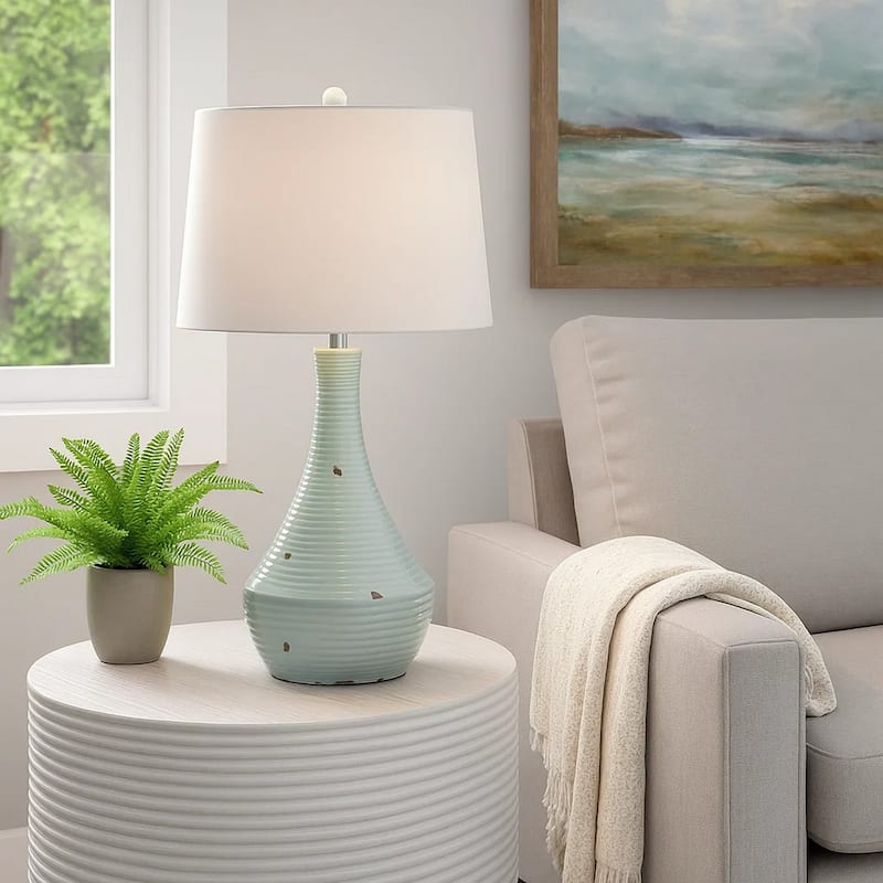 28 Inch Table Lamp with Clean Lines, Empire Shade, Ceramic, Teal Blue