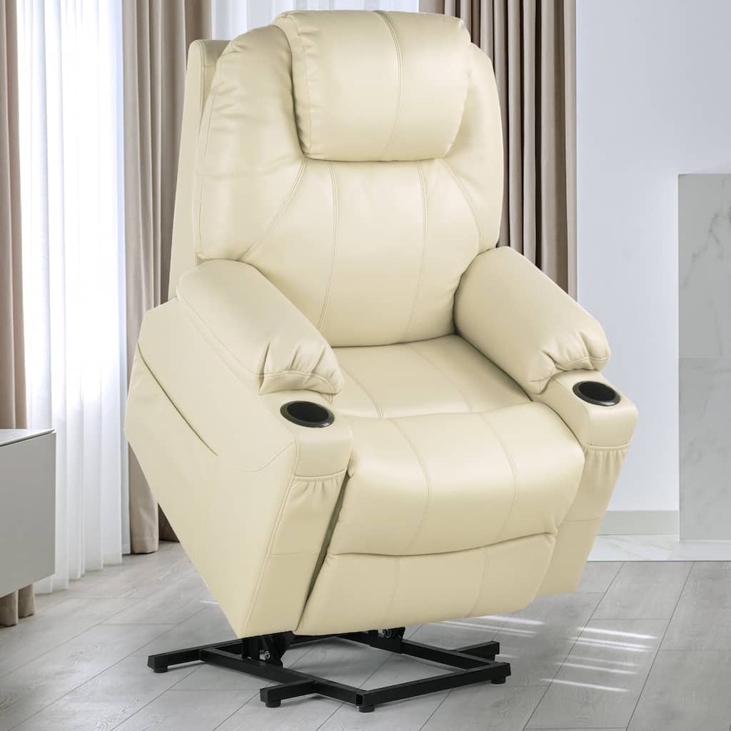 Modern Off White Reclining Chair Faux Leather/Fabric Massage
