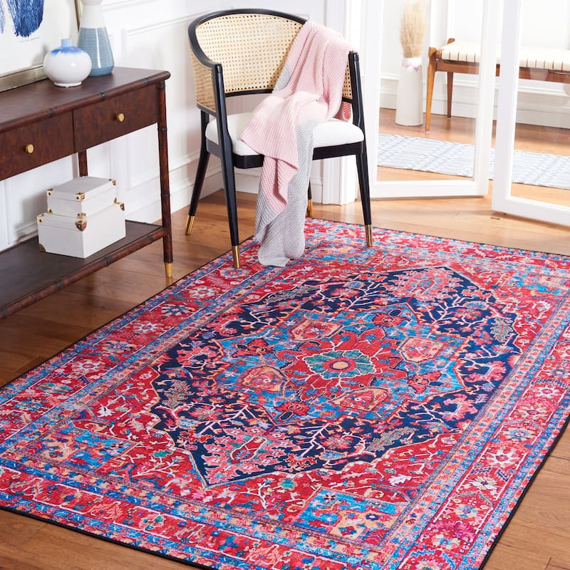 SAFAVIEH Tucson Machine Washable Slip Resistant Winnie Oriental Medallion - 4' x 4' Square - Navy/Red - Square