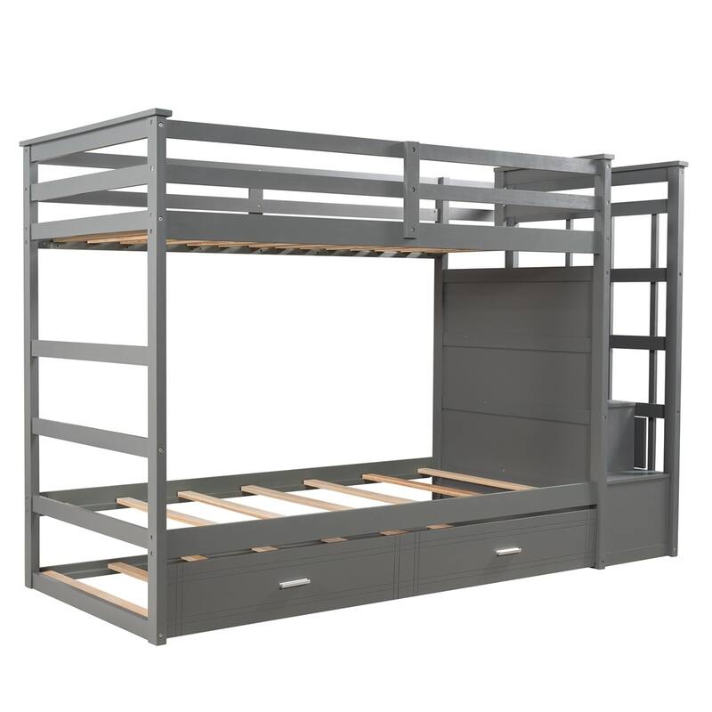 Merax Wood Twin Over Twin Bunk Bed with Trundle and Staircase