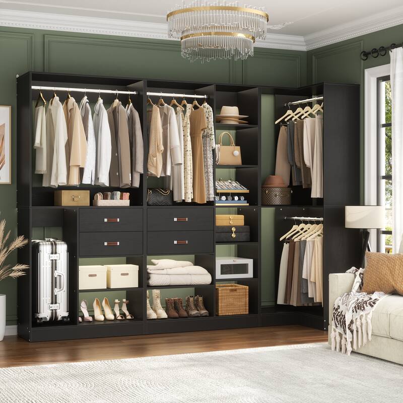 Rackcog 71'' - 110'' Set of 3 Freestanding Corner Closet Organizer, Reversible Wardrobe with Hanging Rods - Black