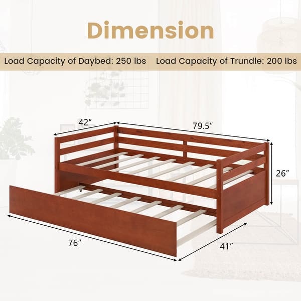 dimension image slide 2 of 4, Costway Twin Size Trundle Daybed Wooden Slat Support Mattress Platform