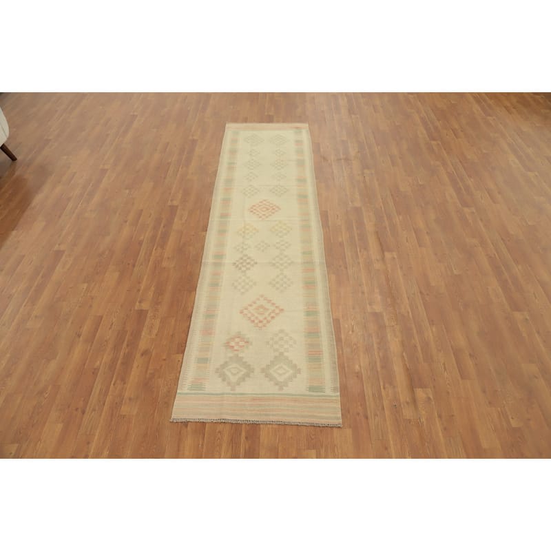 Hand Woven Oriental 100% Wool Carpet Southwestern Tribal Beige & Ivories Kilim Runner Rug - 9' 9'' X 2' 7''