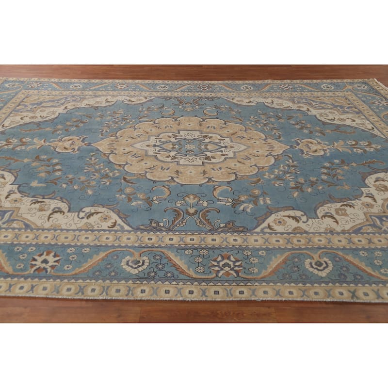 Light Blue Tabriz Persian Vintage Area Rug Hand-Knotted Wool Carpet - 9'7"x 12'6"