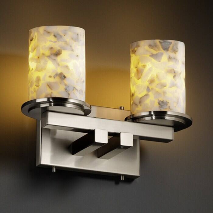 Justice Design Alabaster Rocks Dakota 2-light Brushed Nickel Bath Bar, Cylinder - Flat Rim Shade - Brushed Nickel
