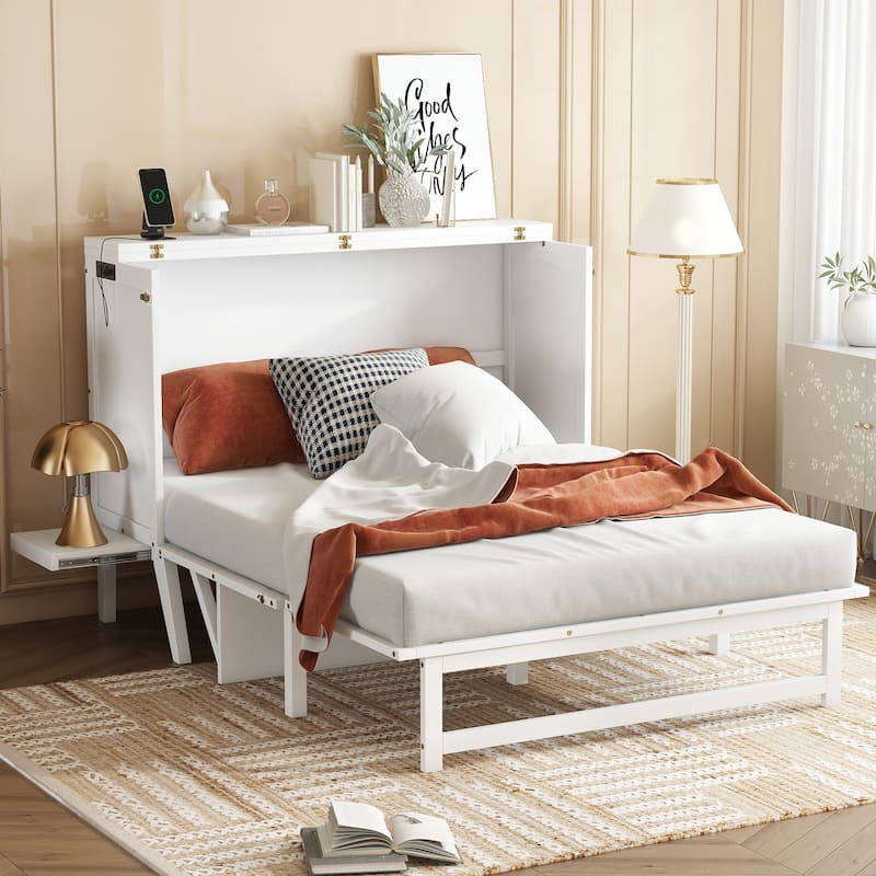 Full Size Murphy Bed with USB Port and Removable Shelves on Each Side, Solid Pine Murphy Cabinet Bed for Home Office - White