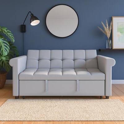 Velvet 2-Seater Sofa Bed, Pull-Out Couch Loveseat with Scroll Arms, Sleeper Sofa with Adjustable Backrest