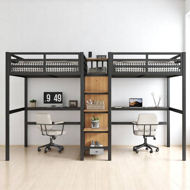 Twin Over Twin Metal Loft Bed with Dual Desks, Wardrobe, Charging Ports & Storage Shelves, Space-Saving Design for Kids & Teens - Natural Wood