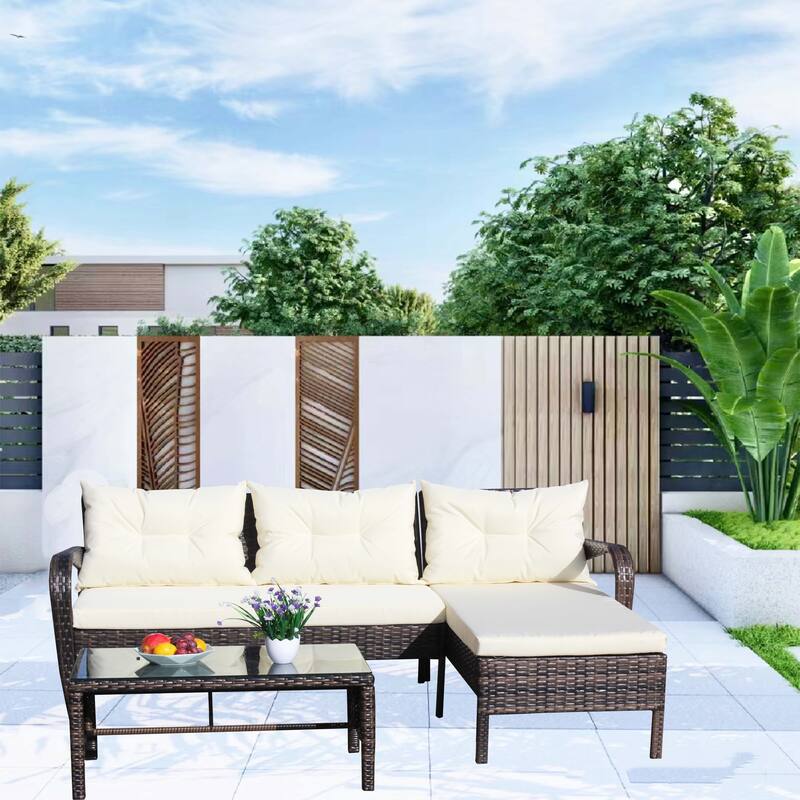 3-Piece Outdoor Wicker Rattan Sectional Sofa Set with Coffee Table
