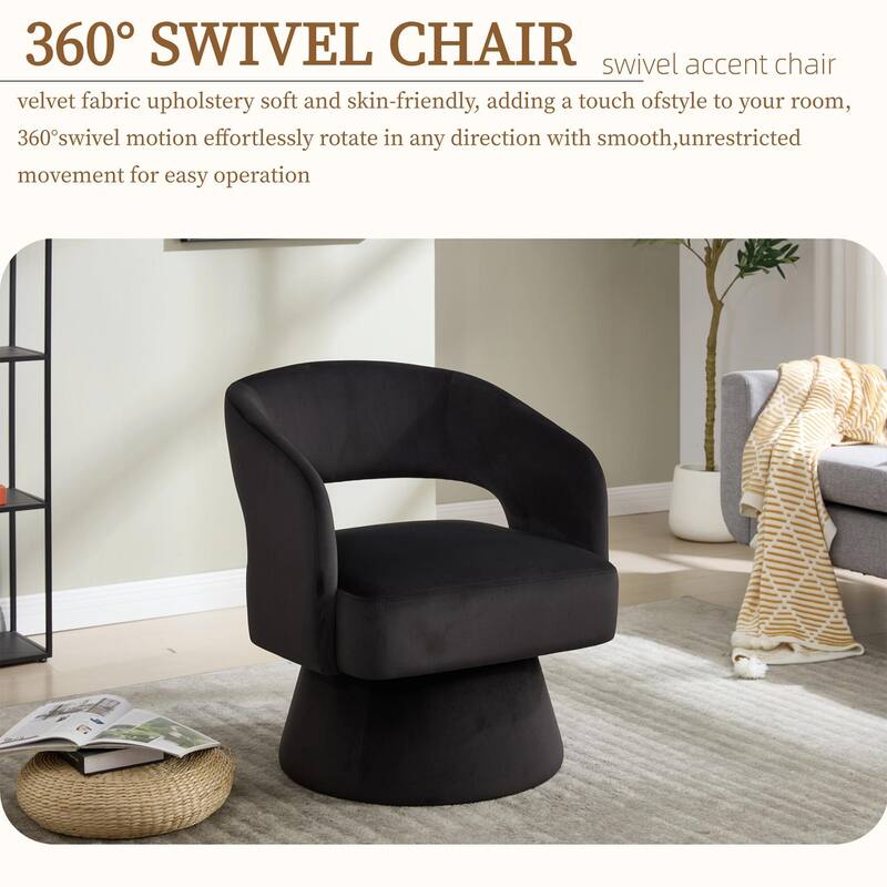 Velvet Swivel Barrel Chair, Accent Chair Armchair with Rotation Club Chair & Curved Ergonomic Back - Black