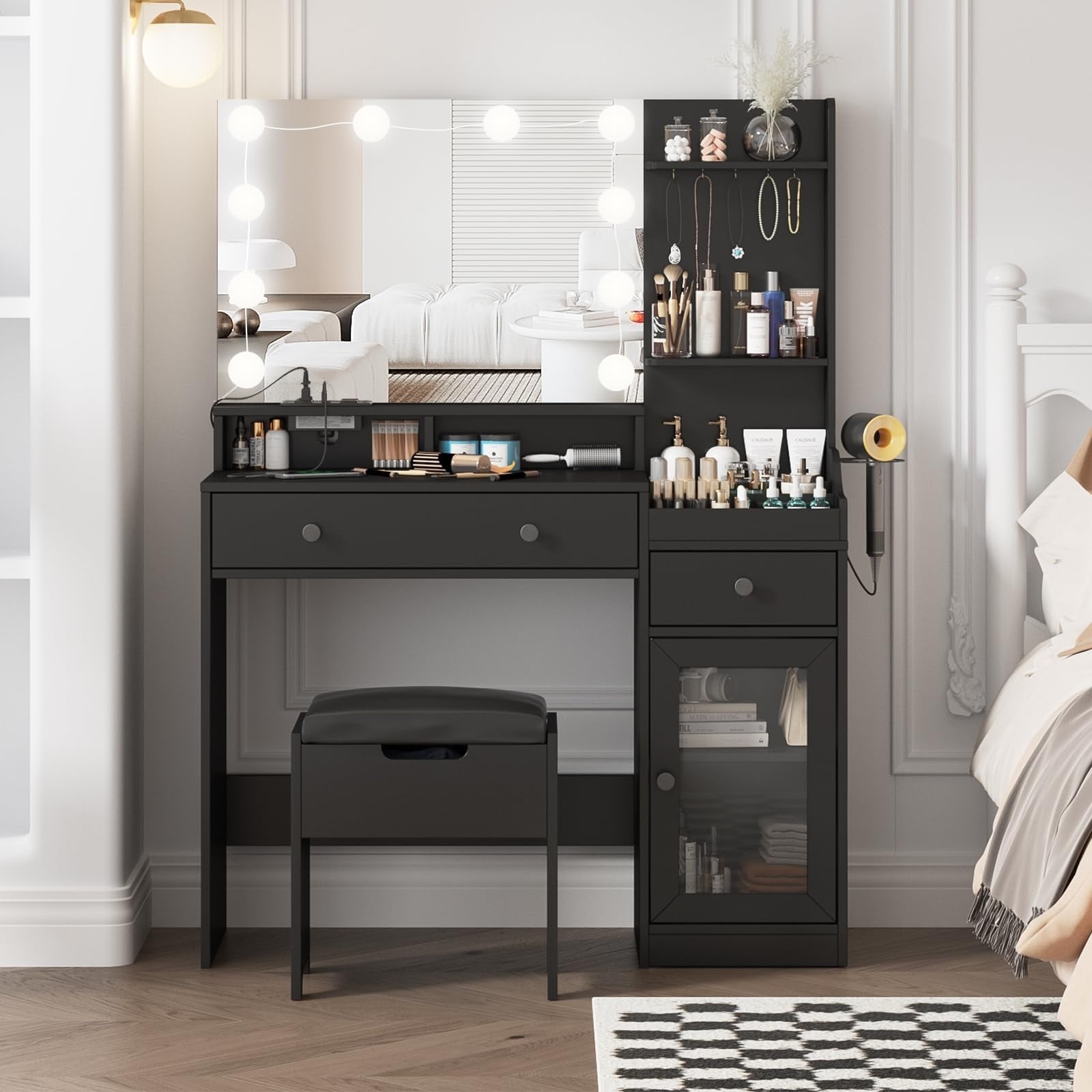 Makeup Vanity with Mirror & Lights, Vanity with Storage Compartments & Power Outlets, Vintage Vanity Set with Drawer & Cabinet