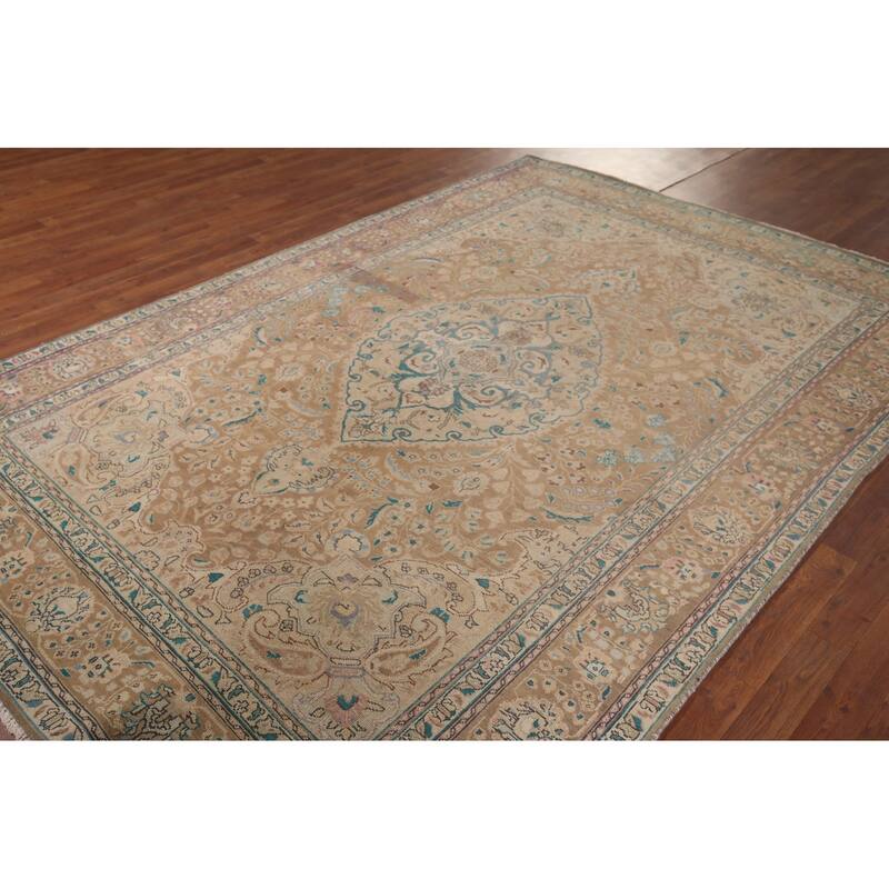 Light Brown Tabriz Persian Vintage Area Rug Handmade Wool Carpet - 6'7"x 9'7"