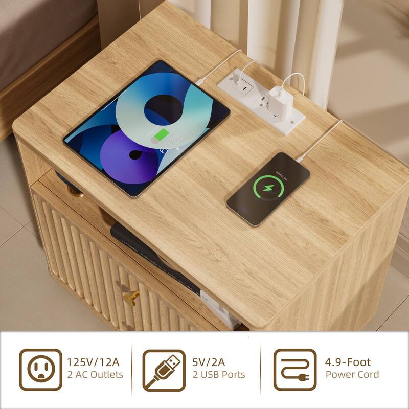 22''.72 W LED Sensor Nightstand w/Storage and Built-in Charging Station
