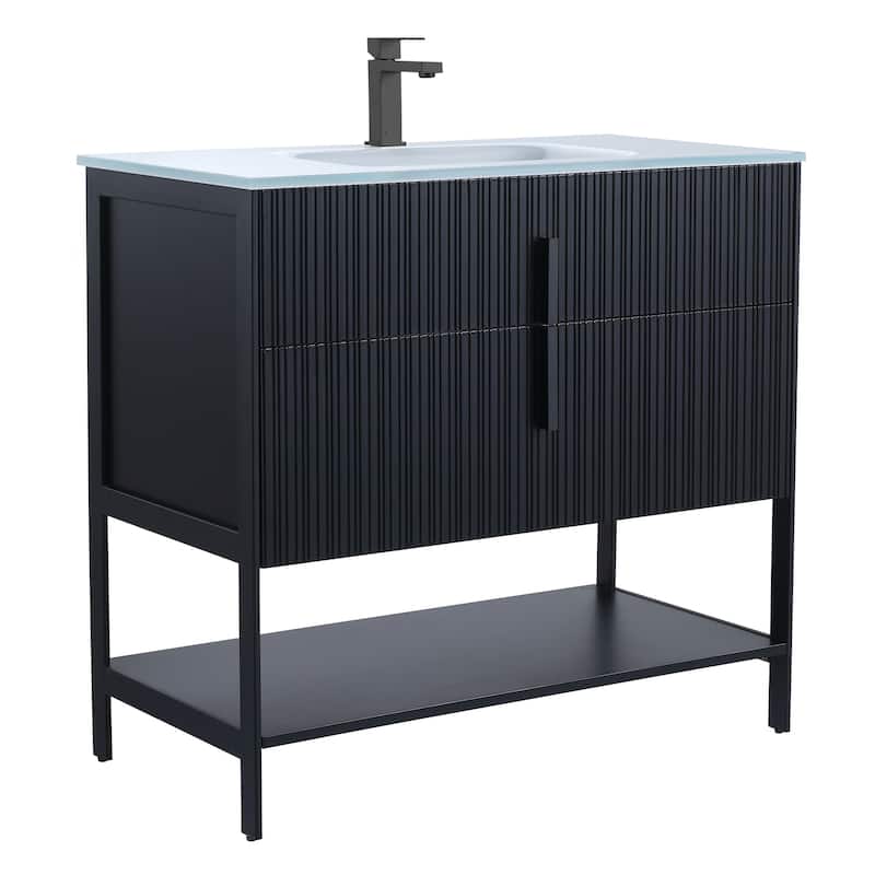 Fine Fixtures Serenity Modern Bathroom Vanity with White Glass Top - Black Matte - Black Hardware - 36 inch