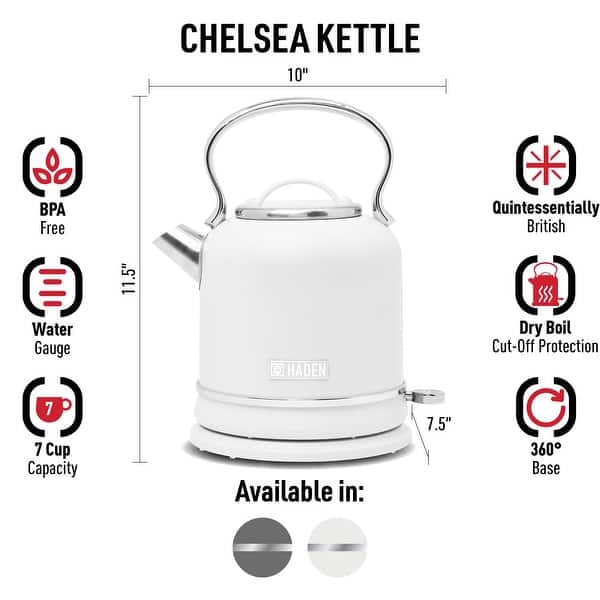 dimension image slide 1 of 2, HADEN Chelsea 1.7 Liter (7 Cup) Cordless Electric Kettle with Auto Shut-Off and Boil-Dry Protection
