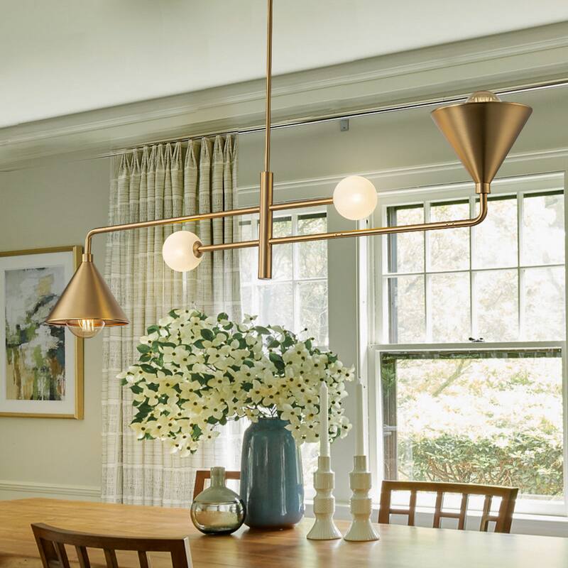 4-Light Modern Trumpet Iron Cone Shade Linear Chandelier Globe Glass Kitchen Island Light