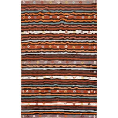 Hand Woven Oriental 100% Wool Carpet Southwestern Tribal Oranges & Rust Kilim Area Rug - 8' 2'' X 5' 10''