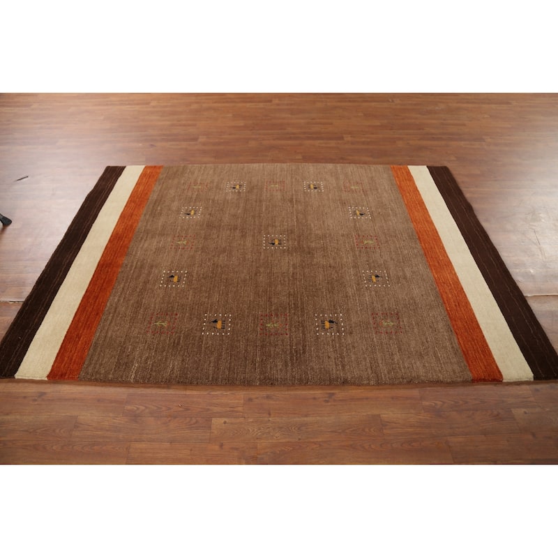 Brown Striped Gabbeh Indian Area Rug Handmade Wool Carpet - 4'10"x 6'11"