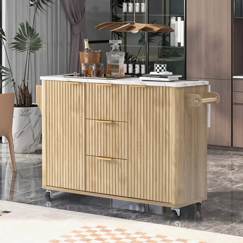 55.5" Fluted Kitchen Island with Drop Leaf and Storage Features Power Outlet and Adjustable Shelves