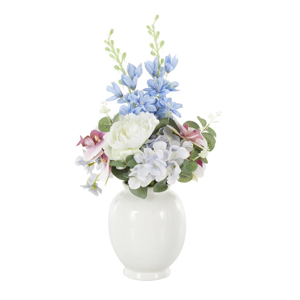 Fabric Artificial Flower with Green Leaves and Round Ceramic Vase - White - Roche River Decor